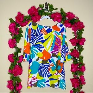 Alice & Olivia Multicolor Silk 3/4 Bell Sleeve Abstract Floral Print Mini Dress